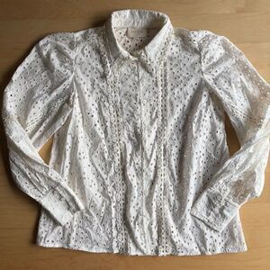 Sézane Cara Eyelet Blouse in Cream Cotton Boho Button Down Romantic Size 34